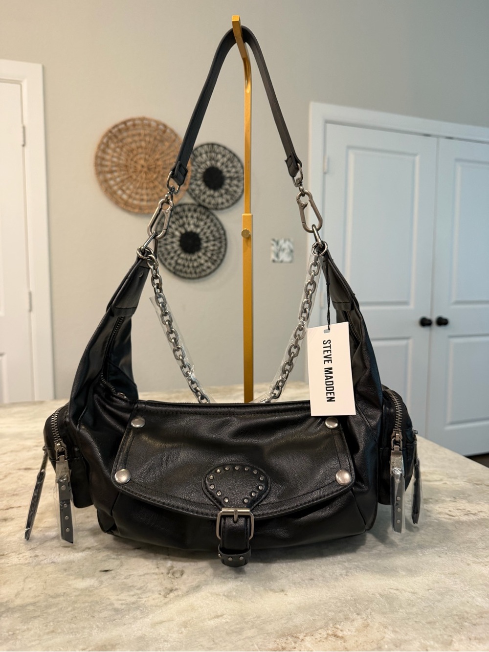 Steve Madden Black Leather Shoulder Bag with Silver Chain
